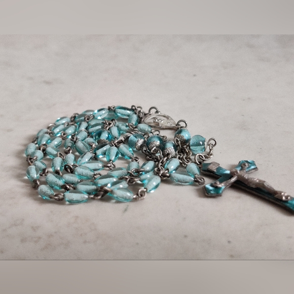 Vintage Blue Glass Rosary Enamel Crucifix INRI - Picture 8 of 13